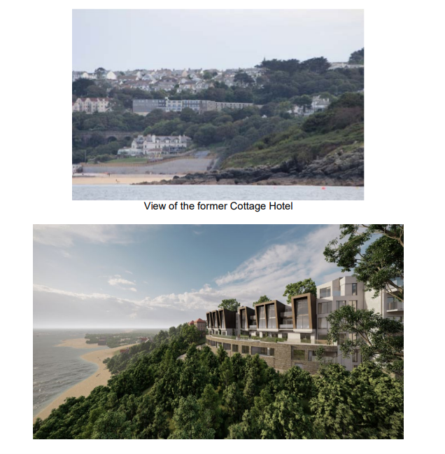 2 images of carbis bay with buildings, vegetation and sea